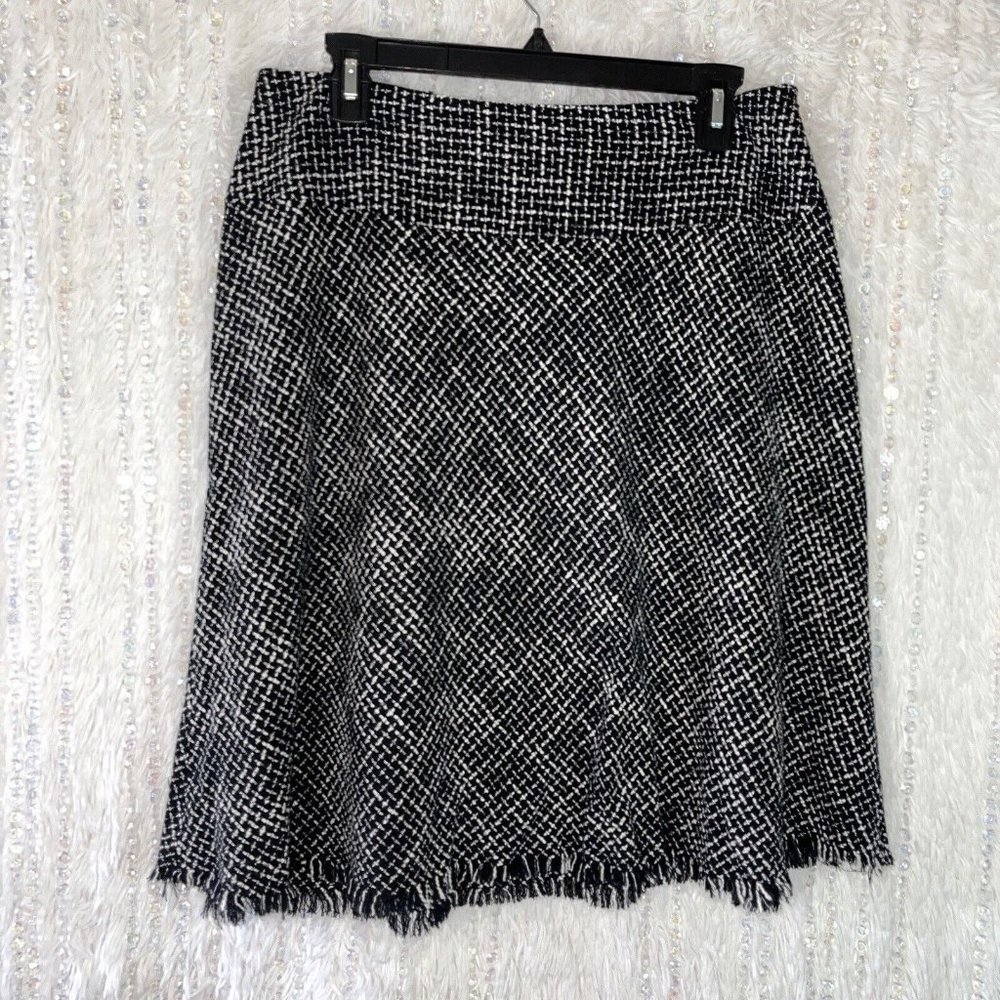 Coldwater Creek A-Line Tweed Skirt PETITE MEDIUM Black White Textured Fringe Hem